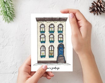 Brownstone Hanukkah Holiday Cards (10 pack) | Watercolor Christmas Card Chanukah Brooklyn New York Handmade 2022 Greeting Card