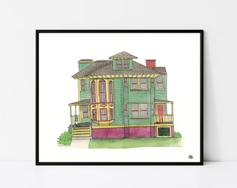 Victorian Home Watercolor Print | Victorian house, colorful house painting, watercolor house, old home, architecture painting, gift