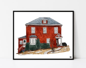 Red Winter Cottage Print | Winter home, Watercolor architecture, Snowy house, Red home, New England