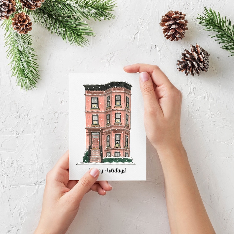 Brownstone Holiday Cards 10 PACK NYC, Christmas Cards, Brooklyn, Holiday Cards, Non denominational, New York City, Watercolor cards image 1