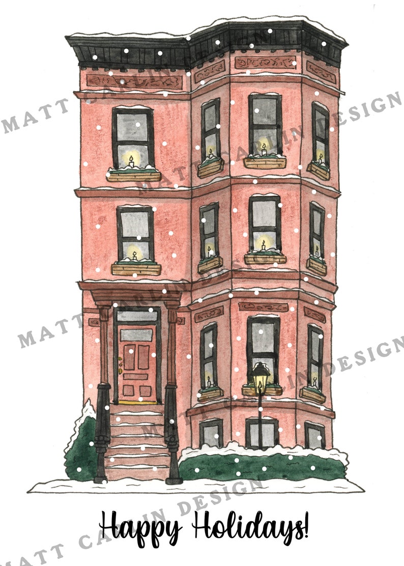 Brownstone Holiday Cards 10 PACK NYC, Christmas Cards, Brooklyn, Holiday Cards, Non denominational, New York City, Watercolor cards image 2