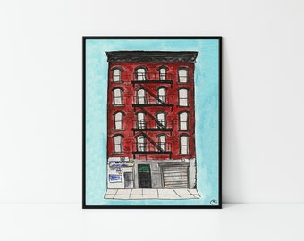 Red Brick Apartment Poster Print | NYC art, Manhattan, Brooklyn, Apartment building, watercolor, LES, fire escape, New York art