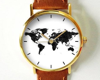 World Map Watch, Travel Map, Travel Jewelry, Travel Accessories, Travel Gifts for Womens Mens, Traveler, Wanderlust, Minimalist, Watches