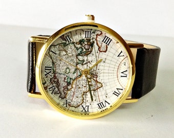 Mens Watch, World Map Watch, Watches for Men, Vintage Style Leather Watch, Women Watches, Boyfriend Watch, black Watch, Wrist Watches, Gift