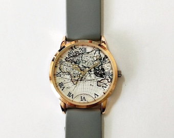 World Map Watch, Women Watches, Men's Watch, Vintage Style Watch, Unique Watches, Boyfriend Watch,Rose Gold Watch, Silicone Watch Bands, NEW