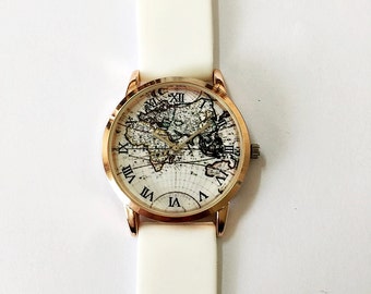 Men's Watch, World Map Watch, Women Watches, Vintage Style Watch, Unique Watches, Boyfriend Watch,Rose Gold Watch, Silicone Watch Bands, NEW