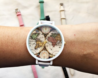 World Map Print Watch, Wrist Watch, Women Watches, Leather Watches for Women, Travel, Wanderlust, Pastel, Gift for Her, Traveler Gift, Cute