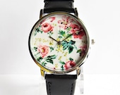 Floral Watch, SALE! Women Watches, Vintage Style Leather Watch, Unisex Watch, Boyfriend Watch,  Personalized Watch, Unique Watches, Gift