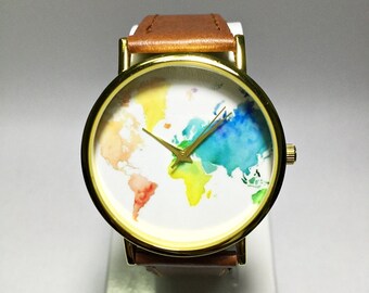 Colored Map Watch, World Map, Mens Watch, Wrist Watch Vintage Leather Watch, Women Watches, Unisex Watch, Boyfriend Watch, Travel Map, Gifts