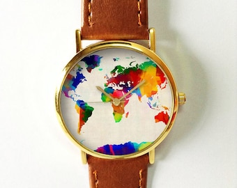 Digital Colored World Map Watch, Leather Watch, Women Watches, Boyfriend Watch, Men's Watch, Vintage Style Watch, Silver Gold Rose