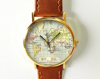 World Map Watch with Grid, Leather Watch, Women Watches, Boyfriend Watch, Men's Watch, Vintage Style Watch, Silver Gold Rose,Traveler Gift