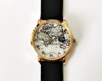 World Map Watch, Women Watches, Men's Watch, Vintage Style Watch, Unique Watches, Boyfriend Watch,Rose Gold Watch, Silicone Watch Bands, NEW