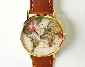 World Map Watch, Leather Watch, Women Watches, Boyfriend Watch, World Map, Mens Watch, Wrist Watch, Vintage Style , Rose Gold Silver Watch