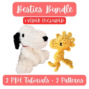 May include: A crochet Besties Bundle featuring a white dog with a black ear and a yellow bird. The text reads Besties Bundle, 1 Video Included, and 2 PDF Tutorials + 2 Patterns. These plush toys are made from thick yarn with visible stitches.