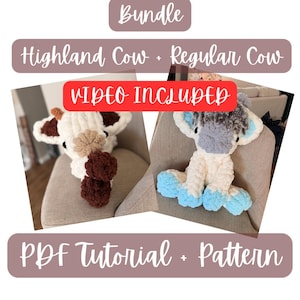 May include: A bundle of two crocheted cow plushies: a Highland cow and a regular cow. The Highland cow is white, brown, and tan, while the regular cow is white, grey, and blue. The image includes the text "Bundle", "Highland Cow + Regular Cow", "Video Included", and "PDF Tutorial + Pattern".