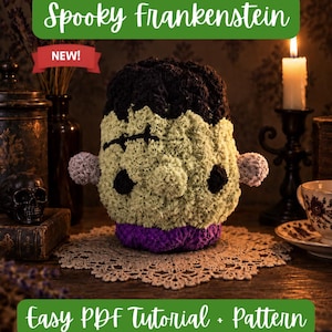 Puede incluir: Un peluche de Frankenstein tejido a ganchillo con cara verde claro, pelo negro, base morada y pequeños pernos laterales de color morado claro. La imagen incluye el texto Spooky Frankenstein, NEW!, y Easy PDF Tutorial + Pattern.