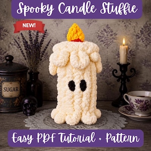 Puede incluir: Un peluche de ganchillo Spooky Candle Stuffie con cuerpo color crema, dos ojos ovalados negros y una llama amarilla en la parte superior. La imagen incluye el texto Spooky Candle Stuffie, NEW!, y Easy PDF Tutorial + Pattern en pancartas moradas.