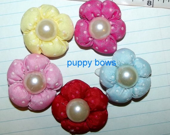 Puppy Bows ~ dog hair snap clips all assorted variety 5 different colors puffy flowers pink red (fb36)
