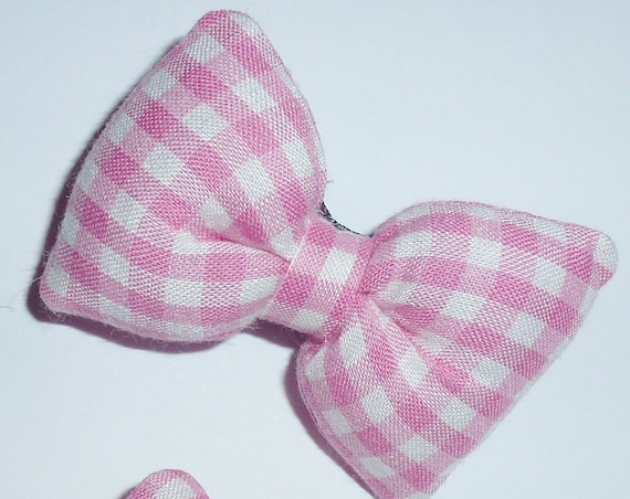 Puppy Bows ~PUFFY pink gingham dog pet hair bowknot bow bands or barrette padded (fb112)~USA seller