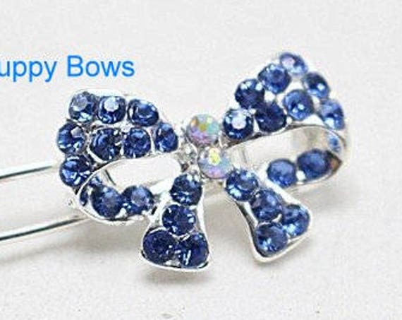 Puppy Bows ~ Tiny boys bowknot blue or multi RHINESTONE dog bow pet hair clip barrette