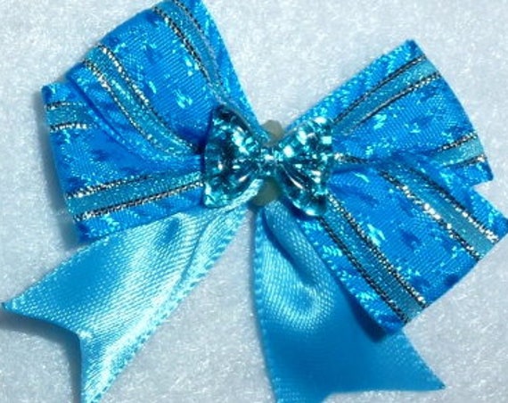 Puppy Bows ~ 2 blue silver small dog hair bow with fancy rhinestone center ~Usa seller (fb85)