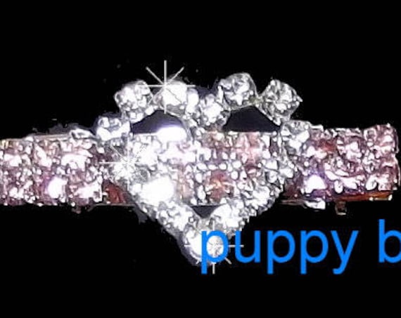 Puppy Bows ~ Tiny girls pink bar heart crystal RHINESTONE dog bow pet hair clip barrette