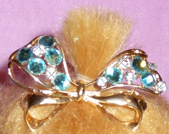 Puppy Bows ~ Double loop wavy bow red, crystal or blue rhinestones dog bow pet hair clip topknot barrette (rh1)
