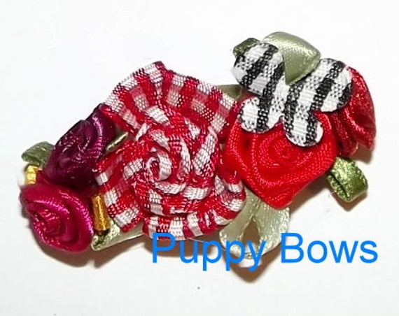 Puppy Bows ~Gingham flower butterfly RED hair bow clip Poodle peach daisies barrette dog grooming