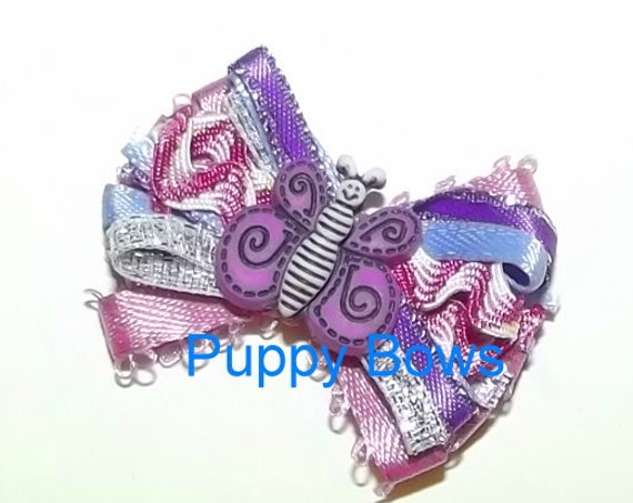 Puppy Bows ~Purple pink butterfly wild loop dog bow pet bands, hair clip or barrette (fb13)