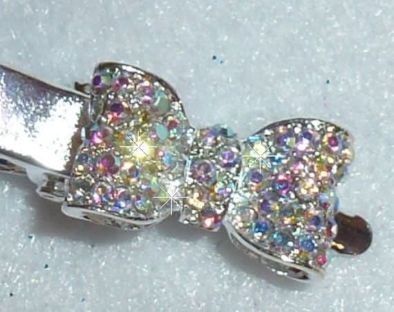 Puppy Bows ~ Super TINY dogs Crystal AB rhinestone topknot bowtie silver pet hair bow barrette alligator clip ~USA seller