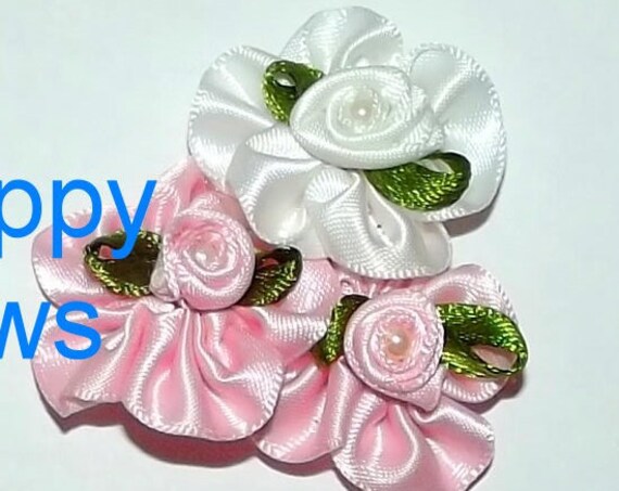 Puppy Bows ~ PINWHEEL roses tower pink/white dog grooming bow pet hair barrette (fb42)