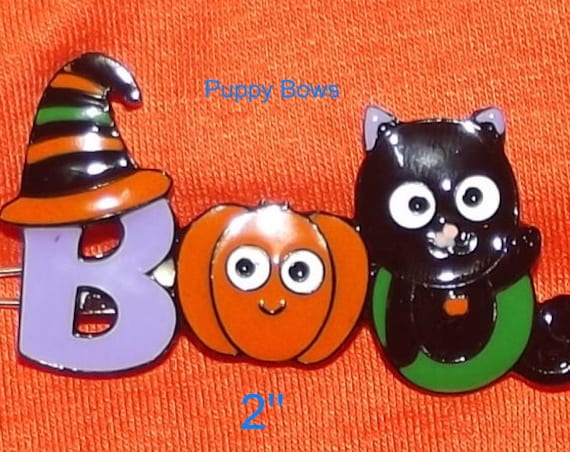 Puppy Bows ~ CLEARANCE! Halloween BOO enamel pumpkin dog hair barrette pet grooming clip