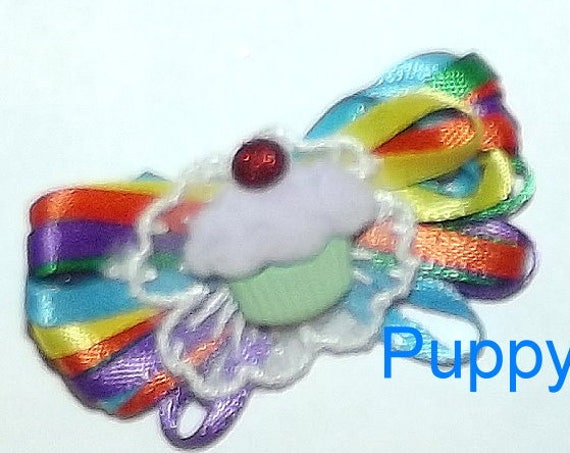 Puppy Bows ~ Rainbow cupcake loopy birthday dog bow multi loop latex bands or barrette (fb12)