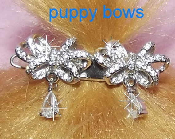 Puppy Bows ~wee tiny double crystal dangle 1" rhinestone Dog Bow barrette pet hair clip ~USA seller