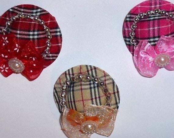 Puppy Bows ~ Pawberry hat pink khaki or red dog bow with pet hair clip barrette (fb9)
