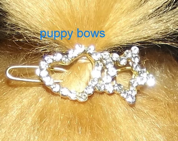 Puppy Bows ~TINY crystal heart star rhinestone dog pet hair clip barrette ~USA seller