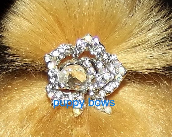 Puppy Bows ~Small SILVER rhinestone crystal ROSE dog bow pet hair clip barrette