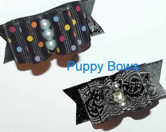 Puppy Bows ~BLACK PARTY FANCY show dog bow pet bands, hair clip or barrette (fb29)