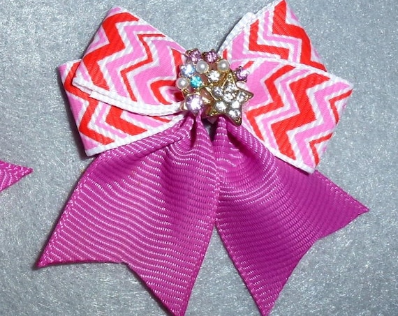 Puppy Bows ~ Fancy pink red stripe PAIR with rhinestone centers dog bow bands or barrette clips (fb85)