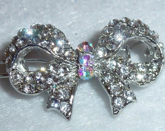 Puppy Bows ~ Crystal & AB rhinestone bowknot silver pet hair bow barrette ~USA seller