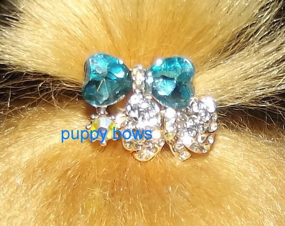Puppy Bows ~tiny BLUE rhinestone crystal double bowknot dog bow pet hair clip barrette