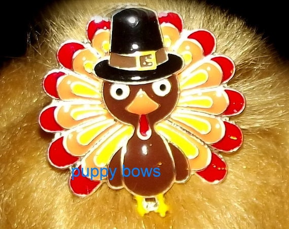 Puppy Bows ~Small rhinestone TURKEY crystal THANKSGIVING dog bow pet hair clip barrette