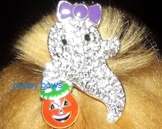 Puppy Bows ~SALE! Small rhinestone GHOST crystal HALLOWEEN dog bow pet hair clip barrette