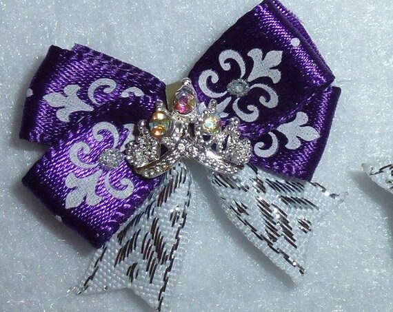 Puppy Bows ~ 2 purple silver tiny dog hair bow with tiny rhinestone tiara ~Usa seller (fb85)