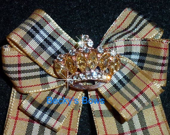 Becky Bows ~ Scottish berry tan red black plaid collar lapel pin bow large pinback suit bow