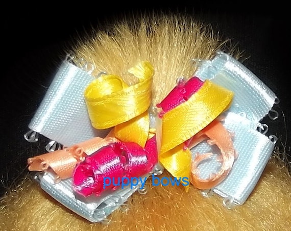 Puppy Bows ~ curly pet hair dog bow latex bands or barrette blue, yellow or pink ~Usa seller