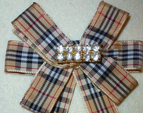 Becky Bows ~ Scottish berry tan red black plaid collar lapel pin bow large long pinback suit bow
