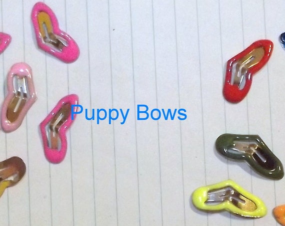 Puppy Bows ~Barrette snap clip TINY enamel HEARTS girl and boy colors shape bow dog Maltese PINK or multi ~Usa seller