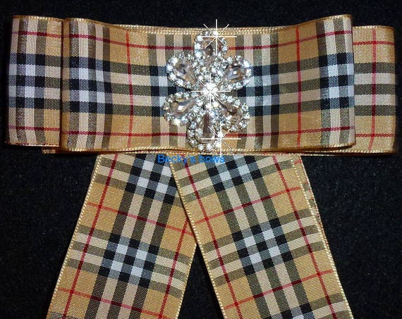 Becky Bows ~ Scottish berry tan red black plaid collar lapel pin bow large neck tie long pinback suit bow