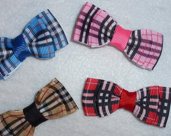 Puppy Bows ~ 2 Pawberry brown/black, red/black, blue/black or pink/black plaid pet hair bow latex band ~Usa seller (fb109)